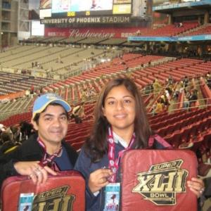 Hammad and his wife at one of his annual birthday trips to the Super Bowl Hammads been to 21 straight Super Bowl games and counting