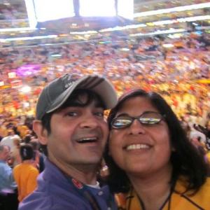 Hammad Zaidi and his wife Shahina, from their season seats, the moment the Lakers won game 7 of the 2010 NBA Finals over Boston, at the Staples Center in Los Angeles.