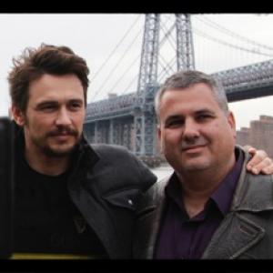 JAMES FRANCO and DANIEL ZIRILLI who is producing the doc on THE GRAPES OF WRATH by John Steinbeck directed by PJ Palmer on set in Brooklyn NY 2014