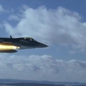 Swedish Fighter JAS 39 Gripen launching a missile. From the film 