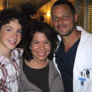 Susan Slome with Jarrod Bailey and Justin Chambers on the set of Greys Anatomy