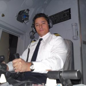 Tre as First Officer Mills on the set of Mayday