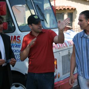 Joe Menendez directs Fernando Colunga and Miguel Varoni on the set of Ladron Que Roba a Ladron in 2006