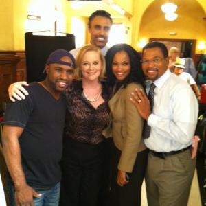 on the set of Franklin and Bash - Beau Billingslea, Rick Fox, Cybill Shepard, and Garcelle Beauvais
