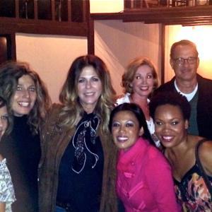 Tom Hanks and Rita Wilson visit with the cast of Room 105 The Highs and Lows of Janis Joplin in West Hollywood Tim Hearl Bonnie McMahan Sophie B Hawkins Rita Wilson Lou Mulford Tom Hanks David Veach bottom row right Rae Toledo and Leslie Marerro