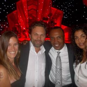 JF Gagnon Creator of the Lovaganza Convoy motion picture trilogy accompanied by his wife Genevieve with boxing legend Sugar Ray Leonard and wife Bernadette at President Clintons private 65th birthday Gala West Hollywood
