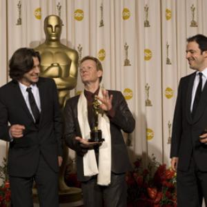 Winning the category Best documentary feature for Man on Wire Magnolia Pictures A Wall to Wall in association with Red Box Films Production Documentarian James Marsh Simon Chinn and Philippe Petit poses backstage for the press with with the Oscar after the announcement of the live ABC Telecast of the 81st Annual Academye Awards from the Kodak Theatre in Hollywood CA Sunday February 22 2009