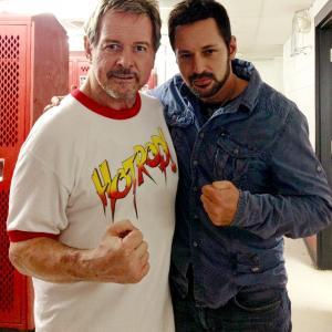 Producer David Gere with Rowdy Roddy Piper backstage meeting at an independent pro wrestling show  2013