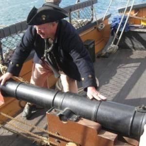 Quarterdeck of HMS Surprise with patented recoiling 6lb replica