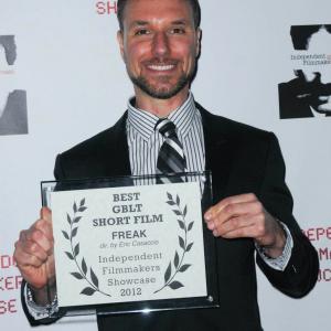Eric Casaccio accepting the Best GLBT Short Film Award for Freak at the IFS Film Festival