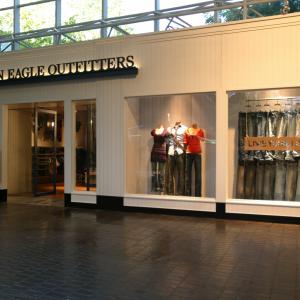 Actual American Eagle facade for Its A Mall World The interior of the store consists of displays placed in front of a custom translight