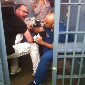 Me in prison onset of Strike One with Production Designer Johanna Jenkins  Tattoo prisoner Joseph Lee all directors should try this!!!