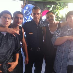 Johnny Ortiz Allen Corral Billy Gallo Angel Lizarraga and Kevin Gonzalez on set of Strike One at Pecan Park East Los Angeles