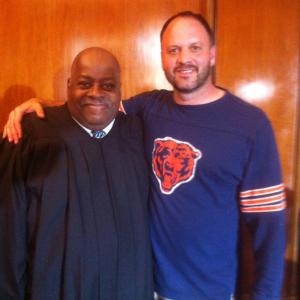Reginald VelJohnson playing Judge Morris in courtroom scene of Strike One with director and Chicago Bears fan Me!