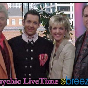 Spring 1999 - Larry Montz with PSYCHIC LIVETIME presenters and Derek Acorah at Granada Breeze studios (Manchester, England). Larry Montz interviewed on Psychic LiveTime for then-filming his 1999 award-winning 