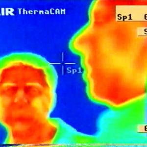Hollywood & Beyond (working title) Larry Montz (r) captured in thermal during ISPR / Marvin Gaye paranormal investigation. E! Entertainment. Mark L. Walberg (Antiques Roadshow, Forever Young) to the left. Hollywood, April 2002
