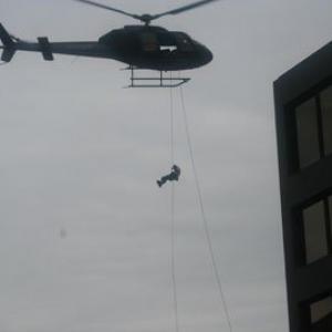 Stuntman Rich Hopkins having fun with a Helicopter