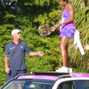 Stunt Coordinator Rich Hopkins working with tennis star Venus Williams on a spot for the 