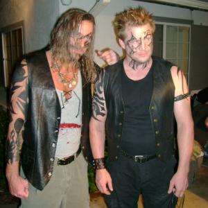 Rich Hopkins on the set of Law of Nines with fellow stunt performer Eric Braun