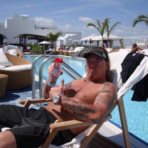 Rich Hopkins caught lounging poolside at the Gansevoort Hotel after a gig for SonyEricsson in South Beach