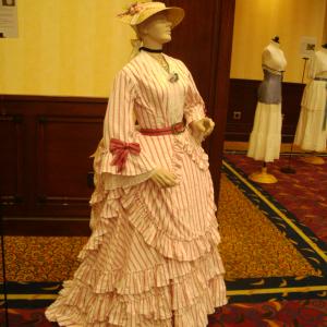 1870 bustle dress, manufactured from original 19th century patterns for display.