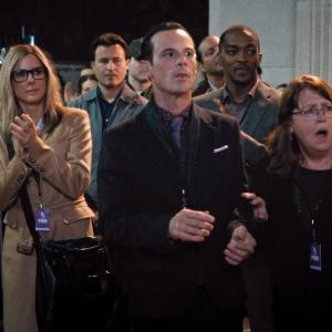 Still of Sandra Bullock, Ann Dowd, Scoot McNairy and Anthony Mackie in Our Brand Is Crisis (2015)