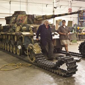 Panzer tank under construction. Philip Sharpe (Right) with Peter Osborn.
