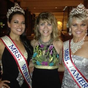 Lynne Oropeza with Mrs. World 2011 April Lufrui (L) & Mrs. America 2012 Vicki Sarber (R) on location for Game of Crowns (working title) July 2013