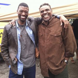 Moe Irvin and Keith David on set as father and son on set of Dutchbook 