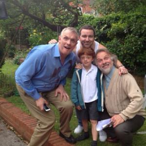 'Man Down' sitcom shoot. June 2013. Greg Davis, Rik Mayall, Oliver Ebsworth and Cameron Jack.