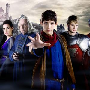 Still of Anthony Head, Angel Coulby, Katie McGrath, Colin Morgan and Bradley James in Merlin (2008)