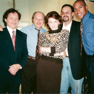 Endre Hules, Dennis Franz, Tatiana Chekhova, Dmitri Boudrine and Henry Simmons on the set of NYPD Blue.