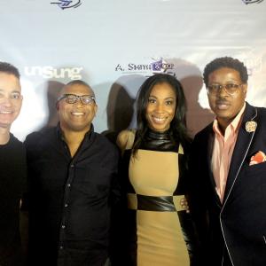 Producer Sharon Brathwaite poses on the red carpet with legendary rap duo Kid n Play Celebrating the premiere of their episode of Unsung  Christopher Kid Reid House Party director Reginald Hudlin and Christopher Play Martin
