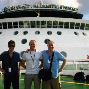 Left to right Terry Stavoe Jim Houck Jerry Johnson on set of the documentary THREADING THE NEEDLE the Celebrity Infinity in the Panama Canal