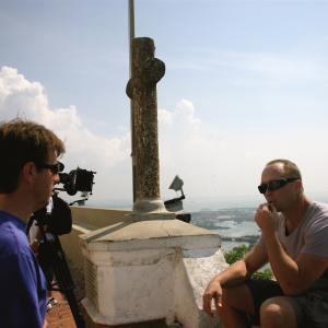 WriterProducer Jim Houck right with Director Terry Stavoe left on set in Cartagena Colombia filming the documentary JEWEL OF THE CARIBBEAN