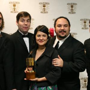 Presenters Matthew Gray Gubler and Jesse McCartney flank Dave Thomas, Sandra Equihua, and Jorge Gutierrez, winners for best children's TV production