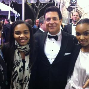 WriterDirector Daniel R Chavez with actress China McCain of Disneys Ant Farm and her sisters Sierra and Lauryn at Oscars after party