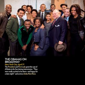 President Barack Obama and Michele Obama visit with Sean Patrick Thomas and the Broadway cast of A Raisin In the Sun starring Denzel Washington, 2014.
