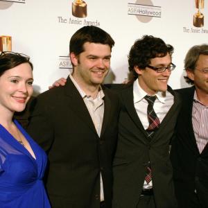Studio execs Hannah Minghella and Bob Osher flank directors of Cloudy with a Chance of Meatballs Phil Lord and Chris Miller
