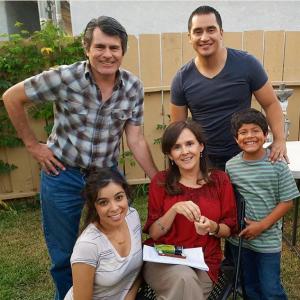 Andrea Sevilla on set for Our Barrio surrounded by Francisco Gomez Rick Mancia Robby Perez and Yvette Angulo July 12 2015