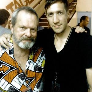 Matthew Akers with Terry Gilliam during a shoot for the band Arcade Fire