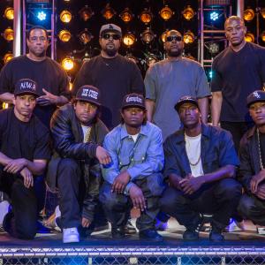 Still of Ice Cube Neil Brown Jr Dr Dre Aldis Hodge MC Ren DJ Yella Corey Hawkins Jason Mitchell and OShea Jackson Jr in Straight Outta Compton 2015