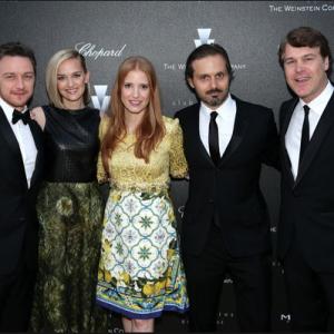 Actors James McAvoy Jess Weixler Jessica Chastain writerdirector Ned Benson and producer Todd Labarowski attend The Disappearance Of Eleanor Rigby 67th Cannes Film Festival prescreening reception hosted by The Weinstein Company on May 17 2014
