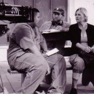 Robert Peters (center) directs Louis Aguilar and Denise Crosby in 