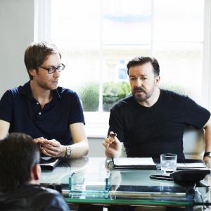 Still of Warwick Davis Ricky Gervais and Stephen Merchant in Lifes Too Short 2011