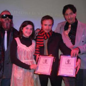 Daniel Frei receiving Best Director Award for a Short Film, for OFF HOUR, and receiving for Adrian Grenier(absent at that time),Best Acting Award for a Short film,for OFF HOUR, at the NY INTERNATIONAL INDEPENDENT FILM AND VIDEO FESTIVAL 2007; left to right:Martin Pfefferkorn,Myriam Coppersmith,Daniel Frei,Claude Laniado