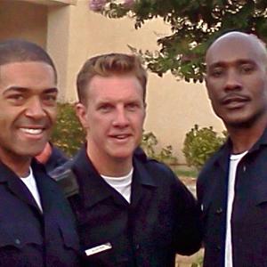 on the set of The Call with Morris Chestnut and David Otunga