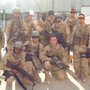 Cullen Moss (Sgt Dan Rooney, aka Rooster) with fellow soldiers on the set of 