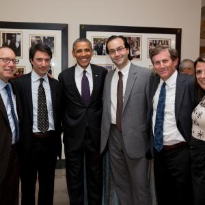 From Left to Right, Knute Walter; Gedeon Naudet; President Obama; Jules Naudet; Chris Whipple; Nancy Daniels, Screening at the White House, The Presidents' Gatekeepers