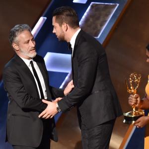Jon Stewart Zachary Levi and Mindy Kaling at event of The 67th Primetime Emmy Awards 2015